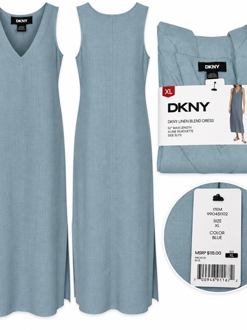 DKNY Light Blue Linen-Blend Sleeveless Maxi Dress